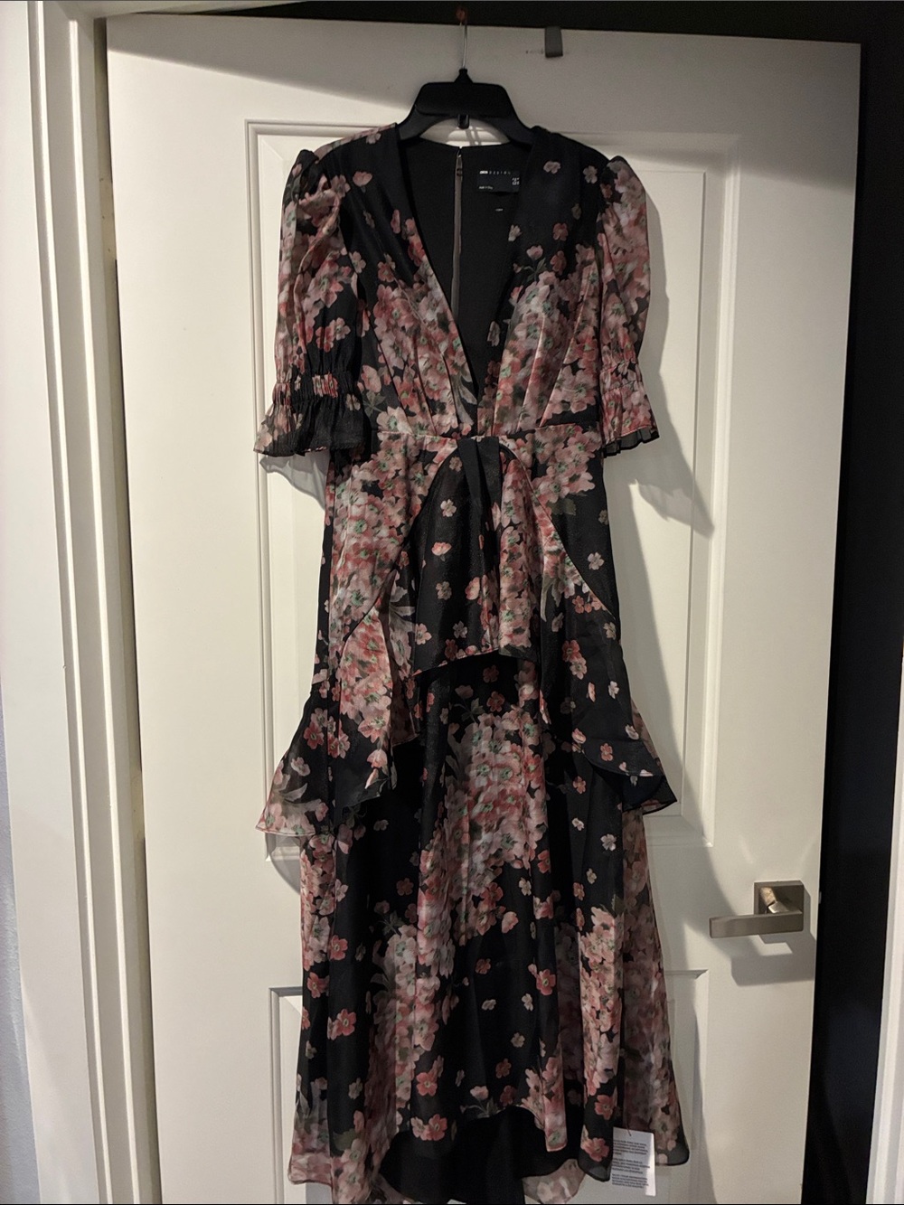 NWT: Black & Pink Floral v-neck & slit backHigh-Low Wrap Dress w/ruffle by hips